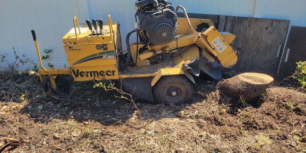 A stump grinder sitting next to a stump to be removed