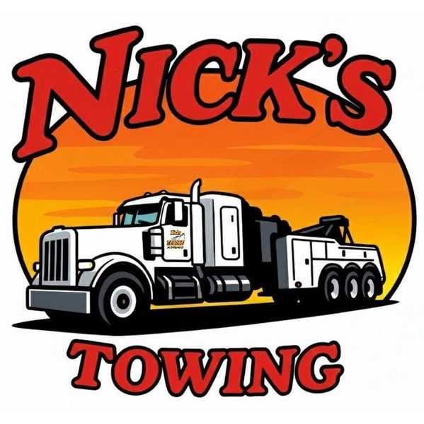 Logo of Nick's Towing with a white tow truck and orange sunset background.