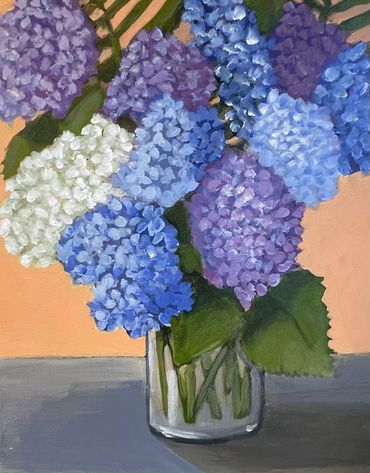 Hydrangea, Floral painting of glass vase of flowers