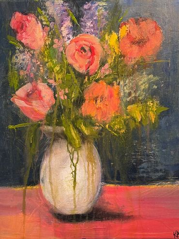 Messy Roses and Messy is Life, Floral painting of glass vase of flowers