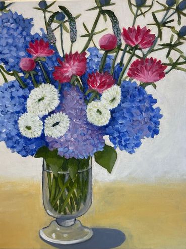 Hydrangea and white Mums in a glass vase, patriotic colors, red white blue,