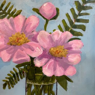 Peony party-Floral painting of glass vase of flowers