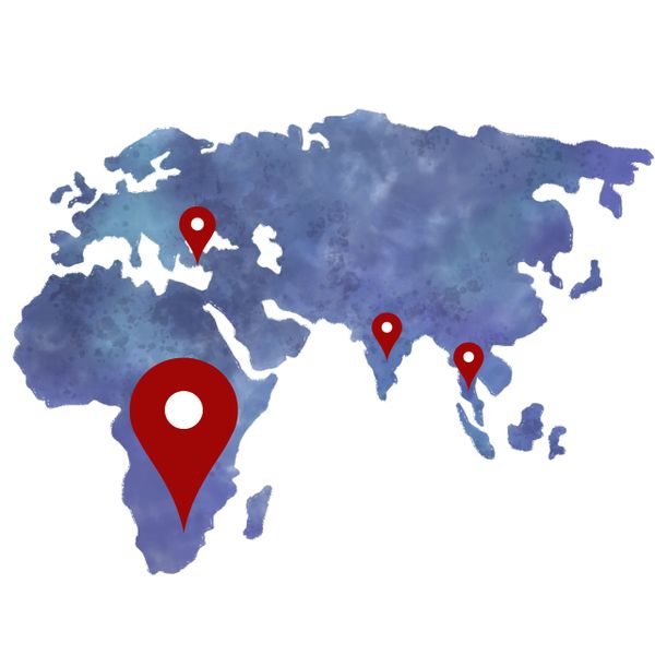 Watercolor world map with red location markers on Africa and Asia.