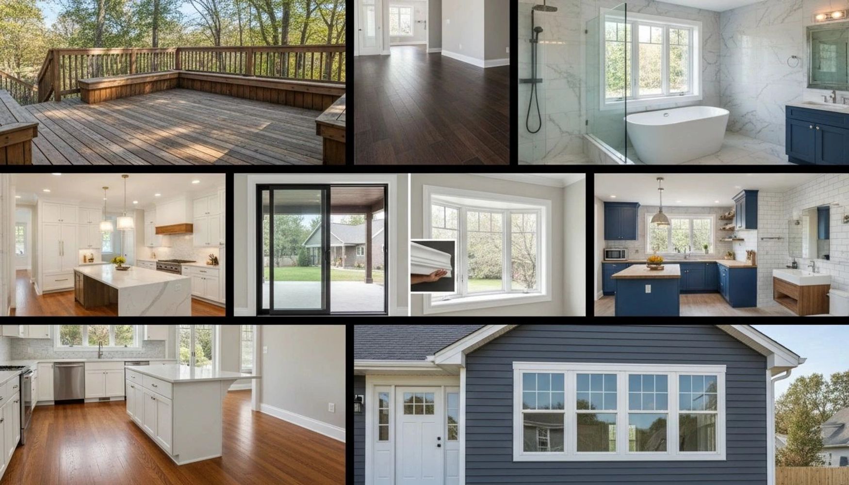Modern home with spacious deck, sleek interiors, and stylish kitchens.
