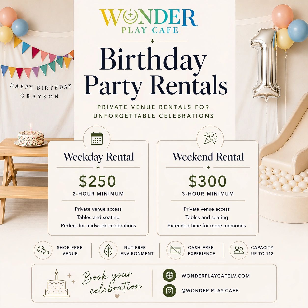 Wonder Play Cafe offers private birthday party rentals with weekday and weekend options.