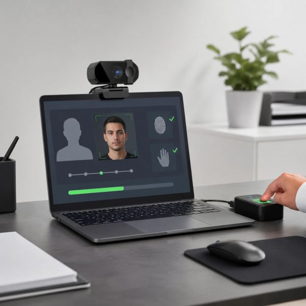 Laptop con reconocimiento facial y autenticación biométrica.