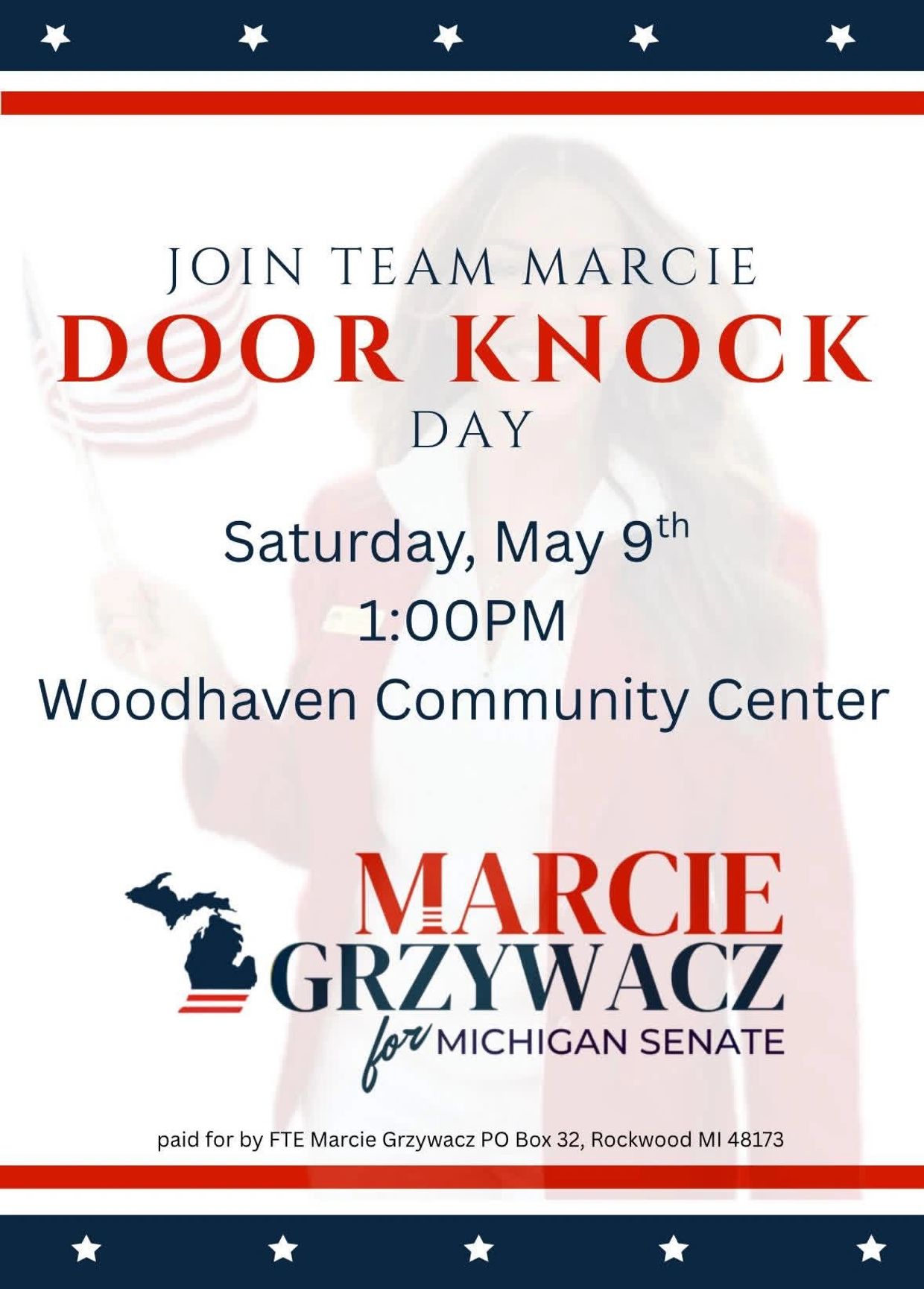 Join Team Marcie for Door Knock Day on May 9 at Woodhaven Community Center.
