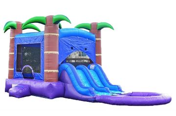 Colorful inflatable bounce house with slide and palm tree design.