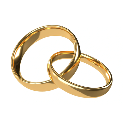 Two intertwined shiny gold rings on a white background.