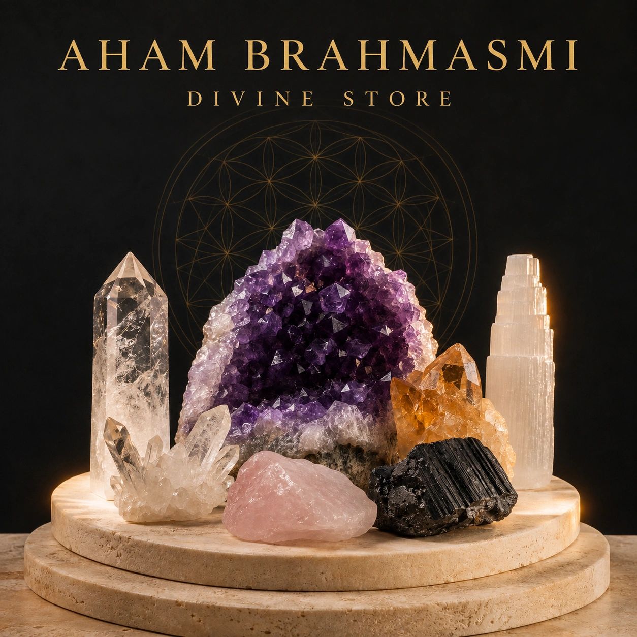 Display of colorful crystals at Aham Brahmasmi Divine Store.