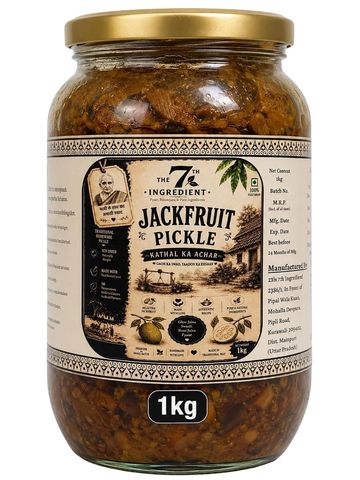 Jar of 1kg jackfruit pickle with detailed label.