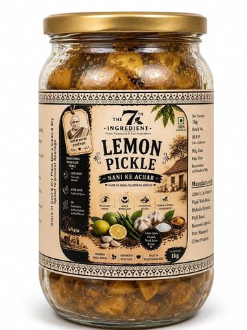 Jar of lemon pickle with traditional Indian label.