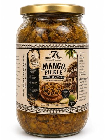 Jar of mango pickle labeled 'The 7th Ingredient'.
