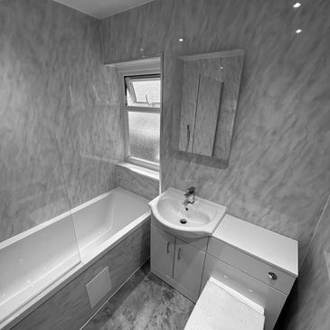 Wetwall panels with led mirror above sink vanity unit. new bath screen.