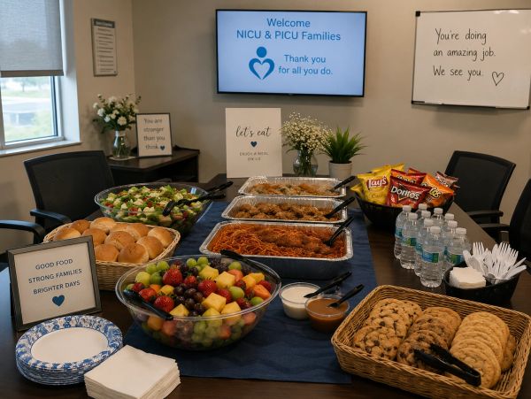 A welcoming meal setup for NICU &amp; PICU families with various foods and encouraging messages.