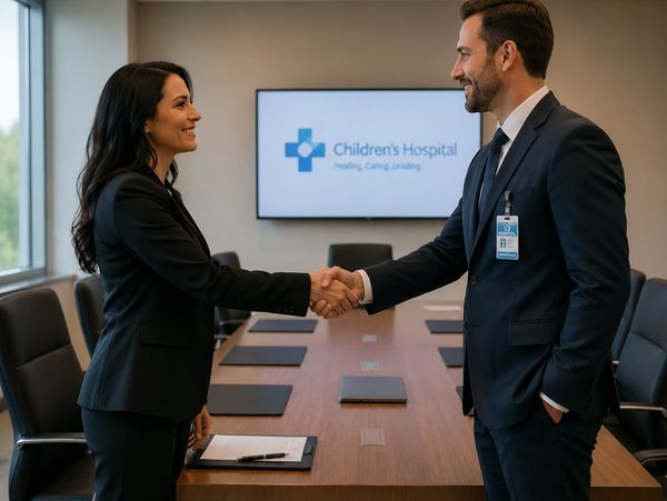 Two professionals shaking hands in a hospital meeting room.