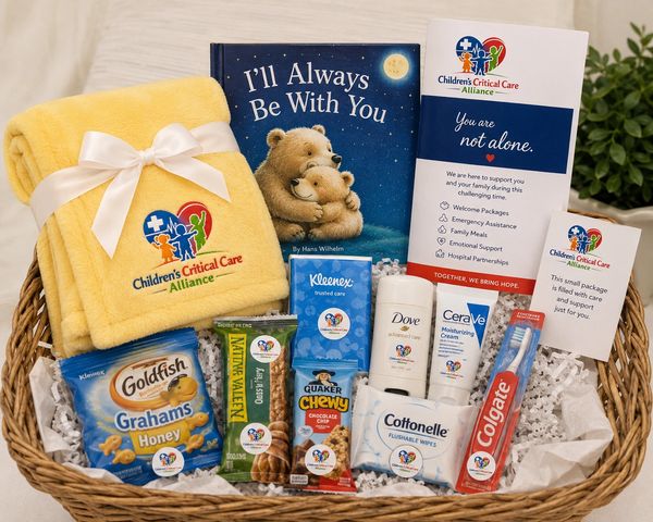 Basket with care items, book, and a yellow blanket from Children's Critical Care Alliance.