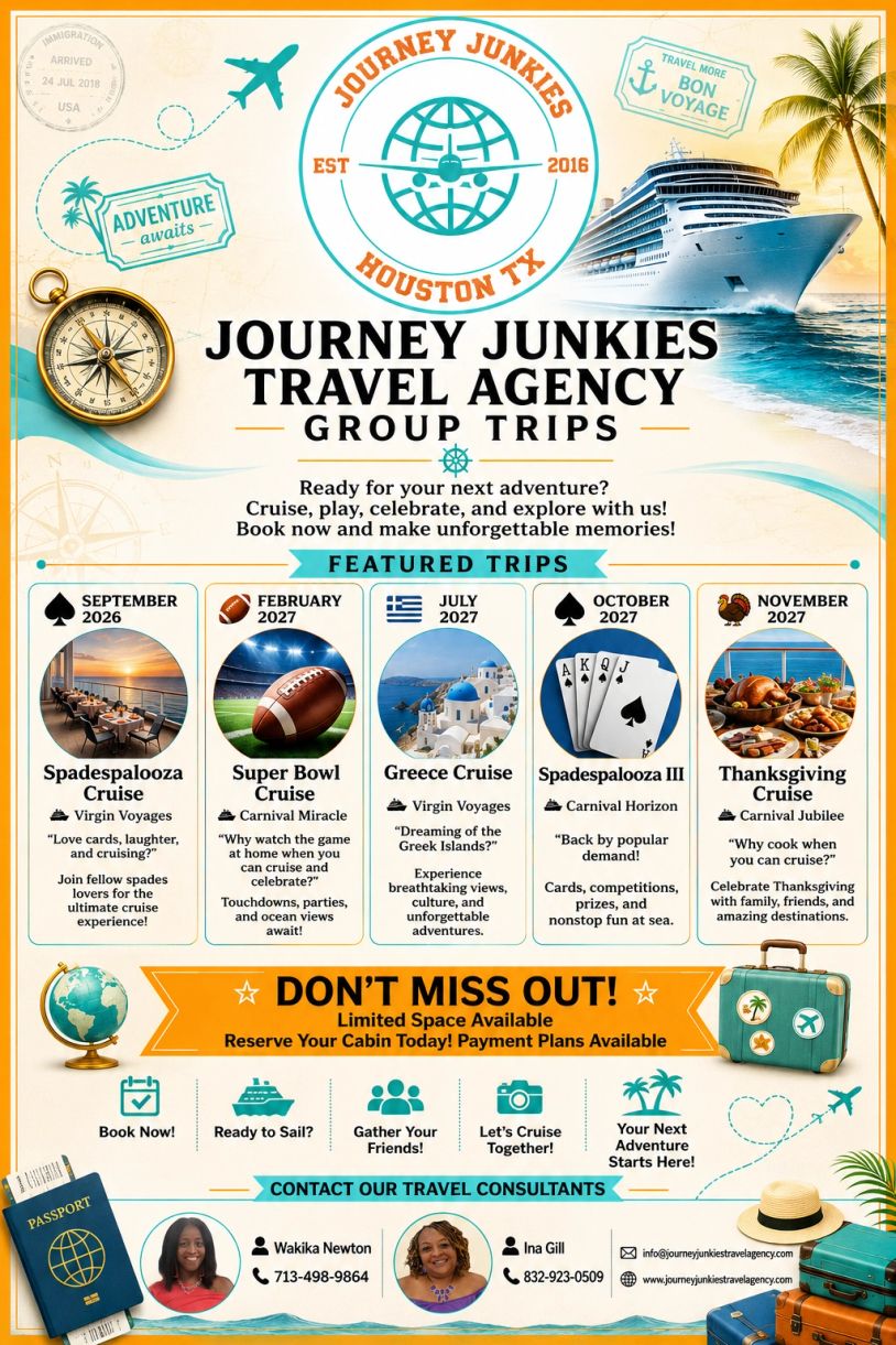 Journey Junkies Travel Agency offers exciting group cruise trips with limited space available for booking.
