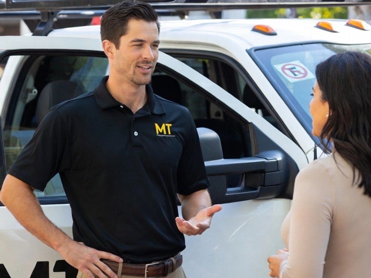 A man in a black polo shirt talking to a woman near a white truck.