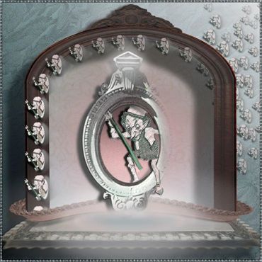 Surreal image of a clock with distorted human figures.