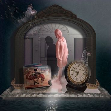 Surreal scene with floating objects inside a decorative frame.