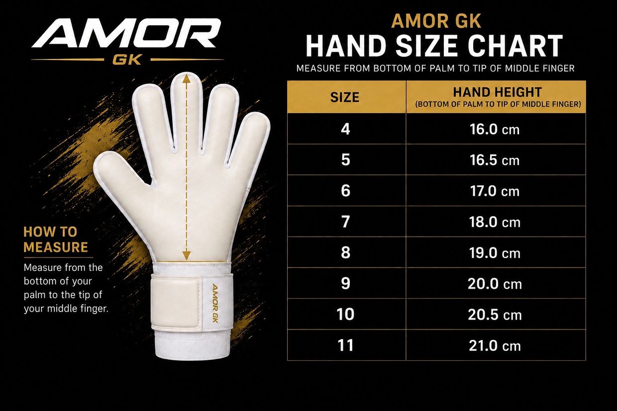 AMOR GK hand size chart showing glove sizes and measurement guide.