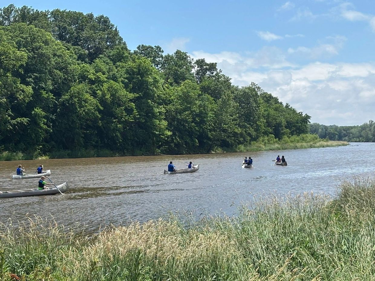 People canoeing on a river surrounded by trees under a blue sky.