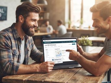 Two men discussing performance data on a laptop.