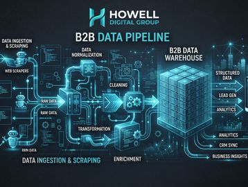 Diagram of B2B data pipeline from ingestion to business insights.
