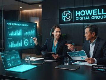 Two professionals discuss digital strategy in a modern office.