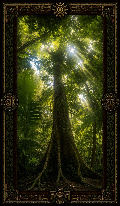 Sunlight filters through dense rainforest canopy onto a tall tree with sprawling roots.