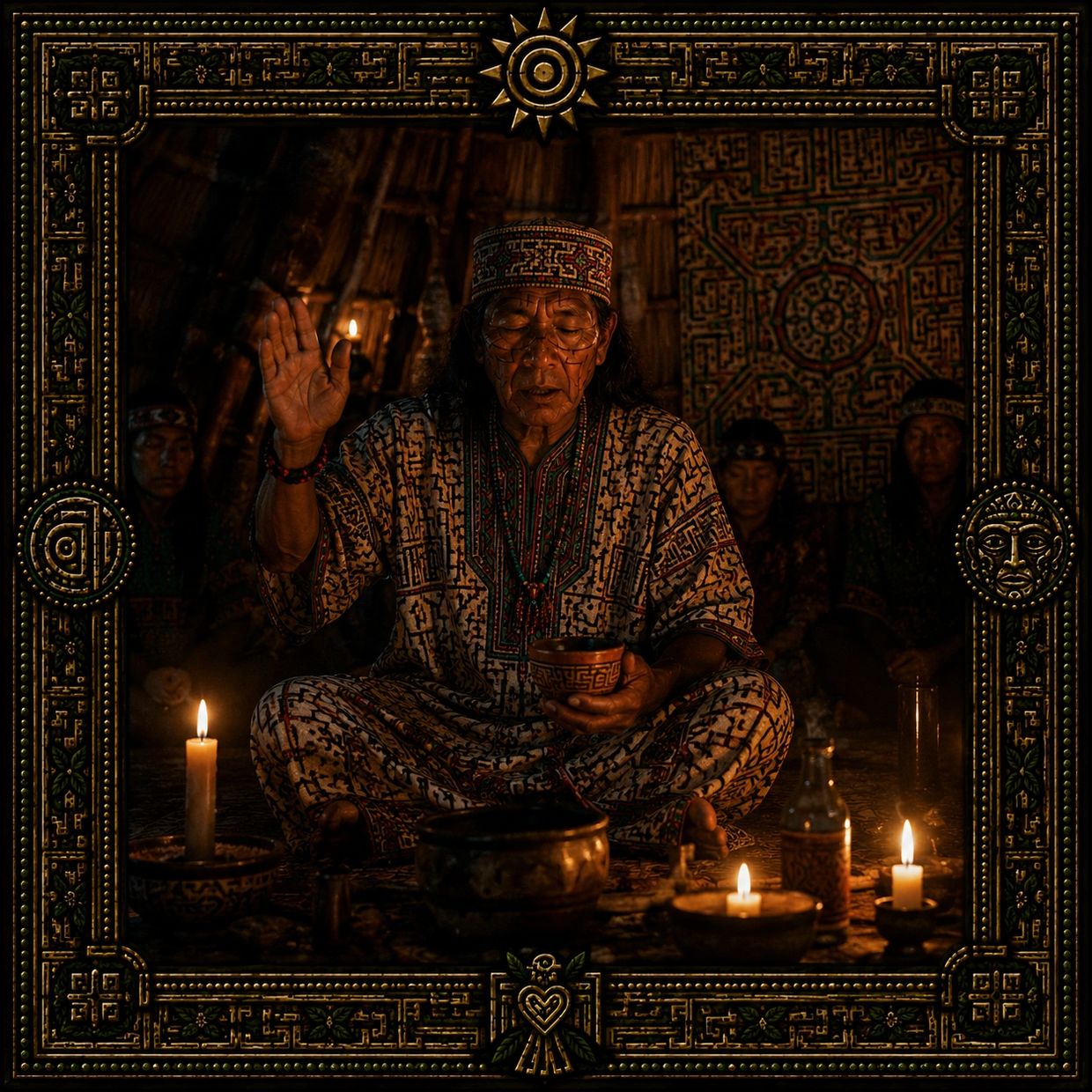 Shaman in traditional attire performs a ritual by candlelight in an ornate setting.