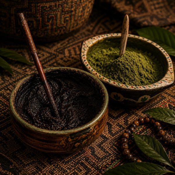 Two ornate bowls with green powder and dark paste, each with wooden spoons, on a patterned surface.
