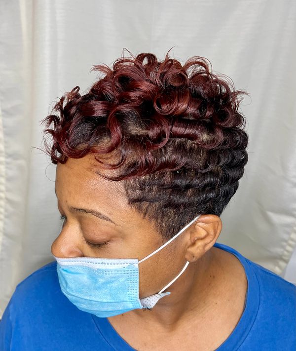 Short Pixie Cut w/ a partial relaxer - (Nape & Side area Only) Reddish brown highlights 