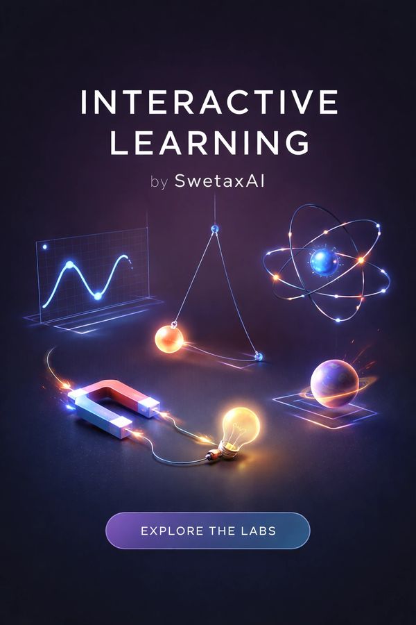 Interactive learning with science-themed digital graphics and a call to explore labs.