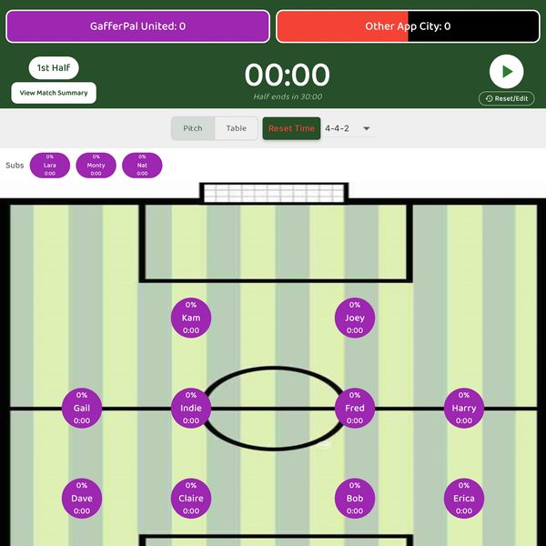 Digital soccer lineup and match timer interface for GafferPal United vs Other App City.