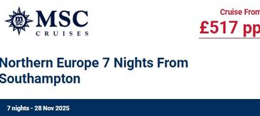 MSC Cruises offers a 7-night Northern Europe cruise from Southampton.