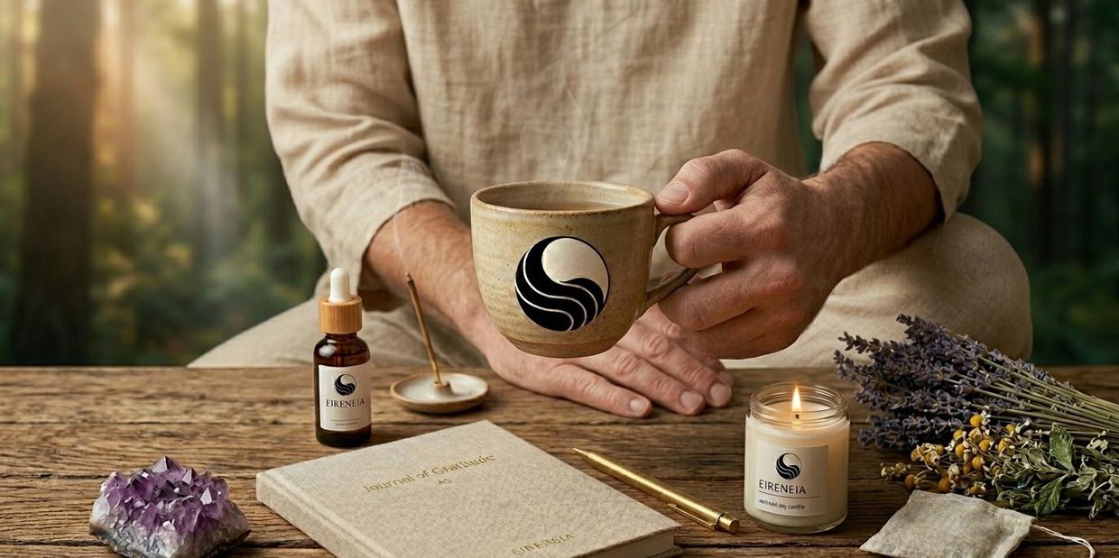 A person holding a cup surrounded by calming wellness items on a wooden table.