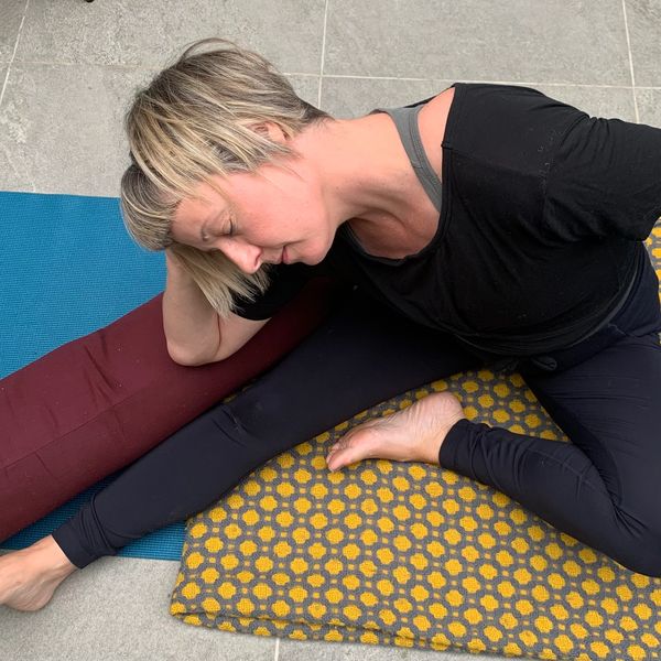 Lateral Dragonfly Pose Yin Yoga Teacher Training Brighton & East Sussex with Mary-Louise Aitken