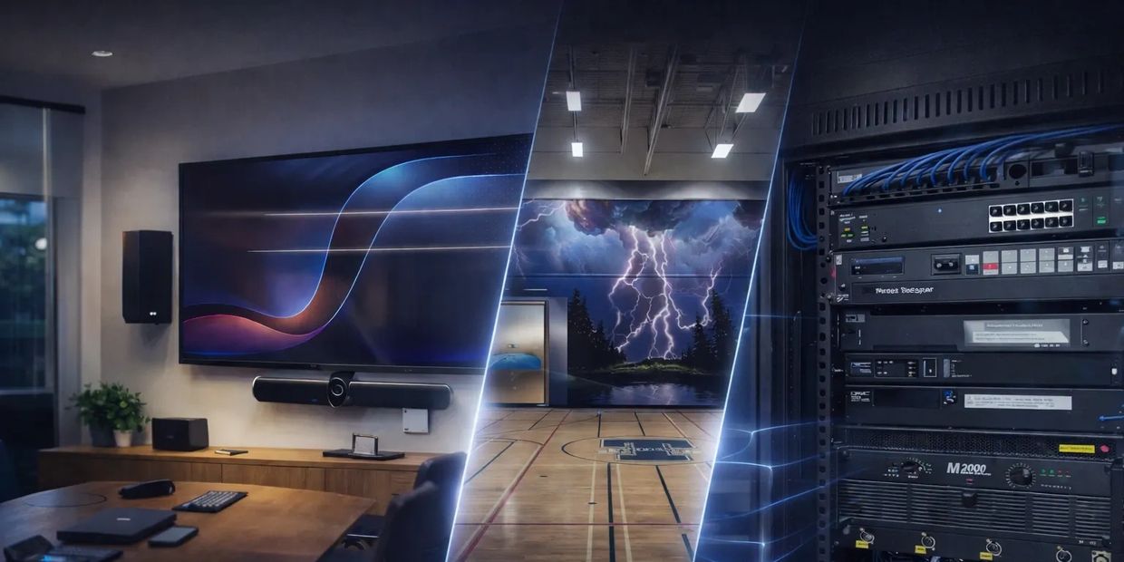 Commercial audio visual installation with conference room AV display and gymnasium systems