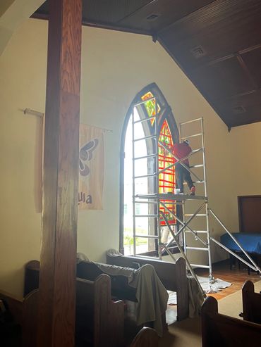 Removing West windows for repair from the inside.
