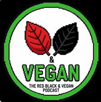 Logo of The Red Black &amp; Vegan Podcast with two leaves and bold text.