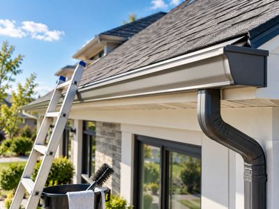 Ladder leaning on house gutter under clear sky.