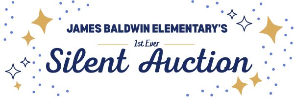 "James Baldwin Elementary’s First Ever Silent Auction" with stars and sparkles
