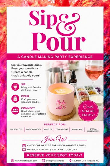 A bright, playful Sip & Pour Candle Making Party flyer with a pink candle, wine, candle-making. 