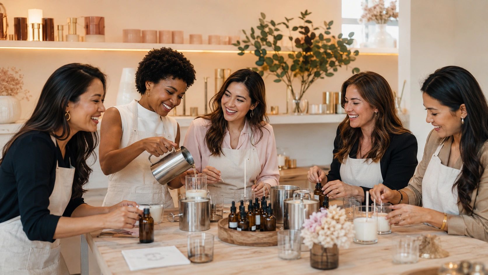 Friends laughing and making candles at HK Craft House, near Charlotte NC.