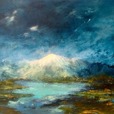 Sunlight striking a snow-capped mountain and loch in Scotland. Original painting by Aniela Jones