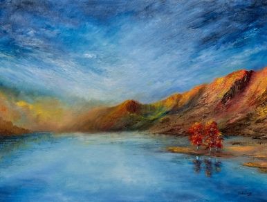 Original Painting Aniela Jones
Mountains + Trees Autumn Colours Tranquil Lake Reflections