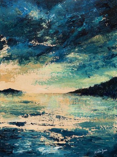 Original Painting Aniela Jones  Spectacular Highland Sunset Sea Sky Islands Clouds Blue Yellow Gold