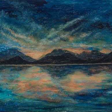 Scottish sunset looking across to the islands off the west coast. Original painting by Aniela Jones